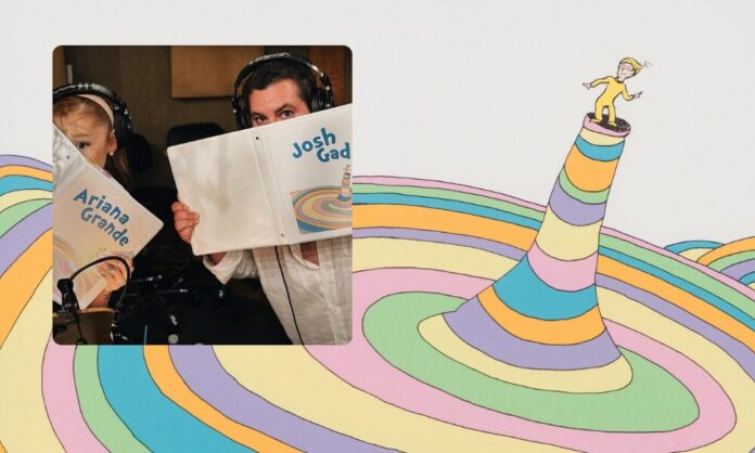 Ariana Grande and Josh Gad peek over their lines for 'Oh, the Places You'll Go!' [c/o Warner Bros. Pictures Animation / background by Dr. Seuss]