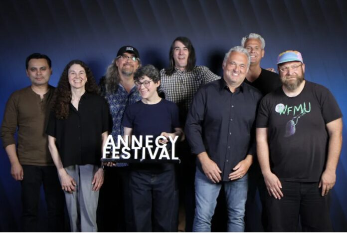 Cartoon Network's 25h Anniversary Panel: From Left, Adam Muto, Linda Simensky, Craig McCracken, Rebecca Sugar, J. G. Quintel, Genndy Tartakovsky, Sam Register and Pendleton Ward. [ph: S. Clement / Annecy Festival]