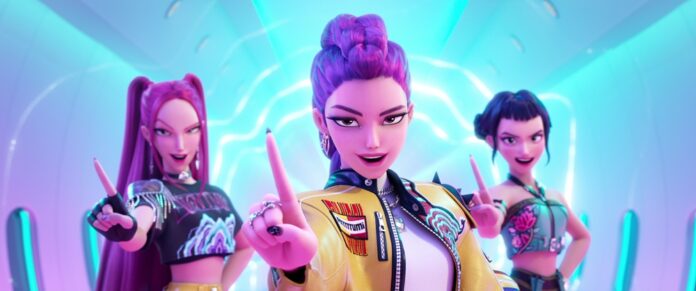 KPop Demon Hunters - (L-R) Mira (voice by May Hong), Rumi (Arden Cho) and Zoey (Ji-Young Yoo. ©2025 Netflix