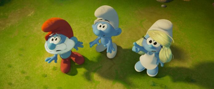 Papa Smurf (John Goodman), No Name (James Corden) and Smurfette (Rihanna) in Smurfs from Paramount Animation. | Smurfs™ & © PEYO - 2025 Lic. Lafig B./IMPS © 2025 Par. Pics.