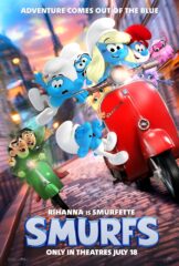 Papa Smurf (John Goodman), No Name (James Corden) and Smurfette (Rihanna) in Smurfs from Paramount Animation. | Smurfs™ & © PEYO - 2025 Lic. Lafig B./IMPS © 2025 Par. Pics.